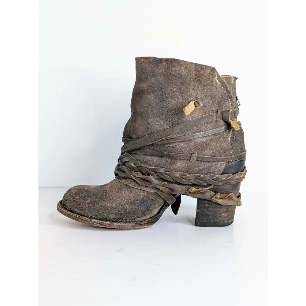 Freebird by Steven Cairo Boots 7 Brown Suede Strappy Heeled Boho Festival Zip
